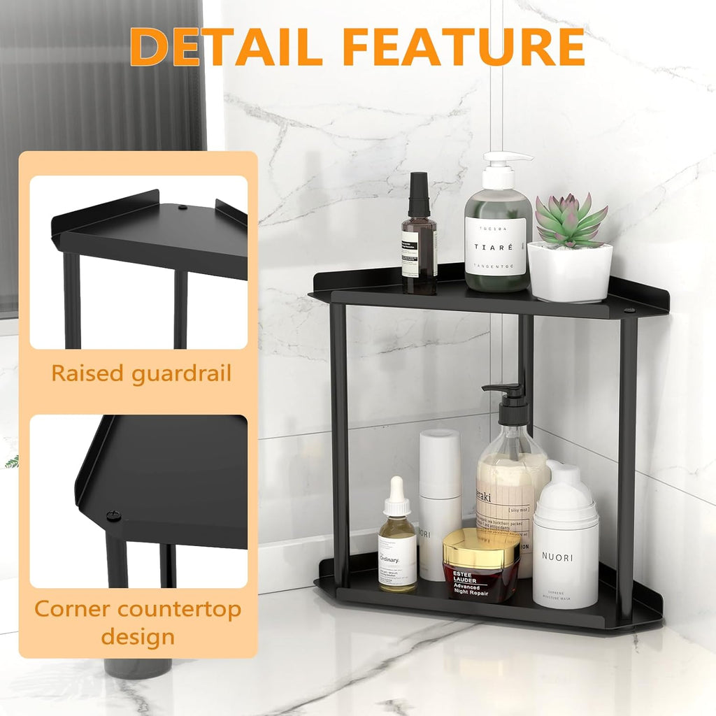 2 Tier Bathroom Corner Shelf Counter Organizer, Metal Vanity Trays Skincare Makeup Organiser Shelf Countertop Storage Rack Stand for Bathroom Dresser Kitchen Bedroom, Black