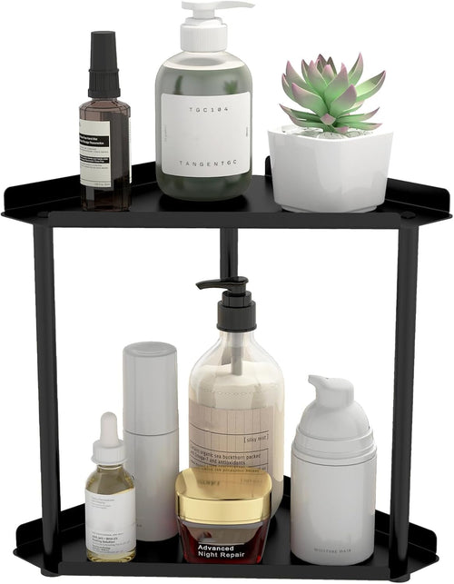 2 Tier Bathroom Corner Shelf Counter Organizer, Metal Vanity Trays Skincare Makeup Organiser Shelf Countertop Storage Rack Stand for Bathroom Dresser Kitchen Bedroom, Black
