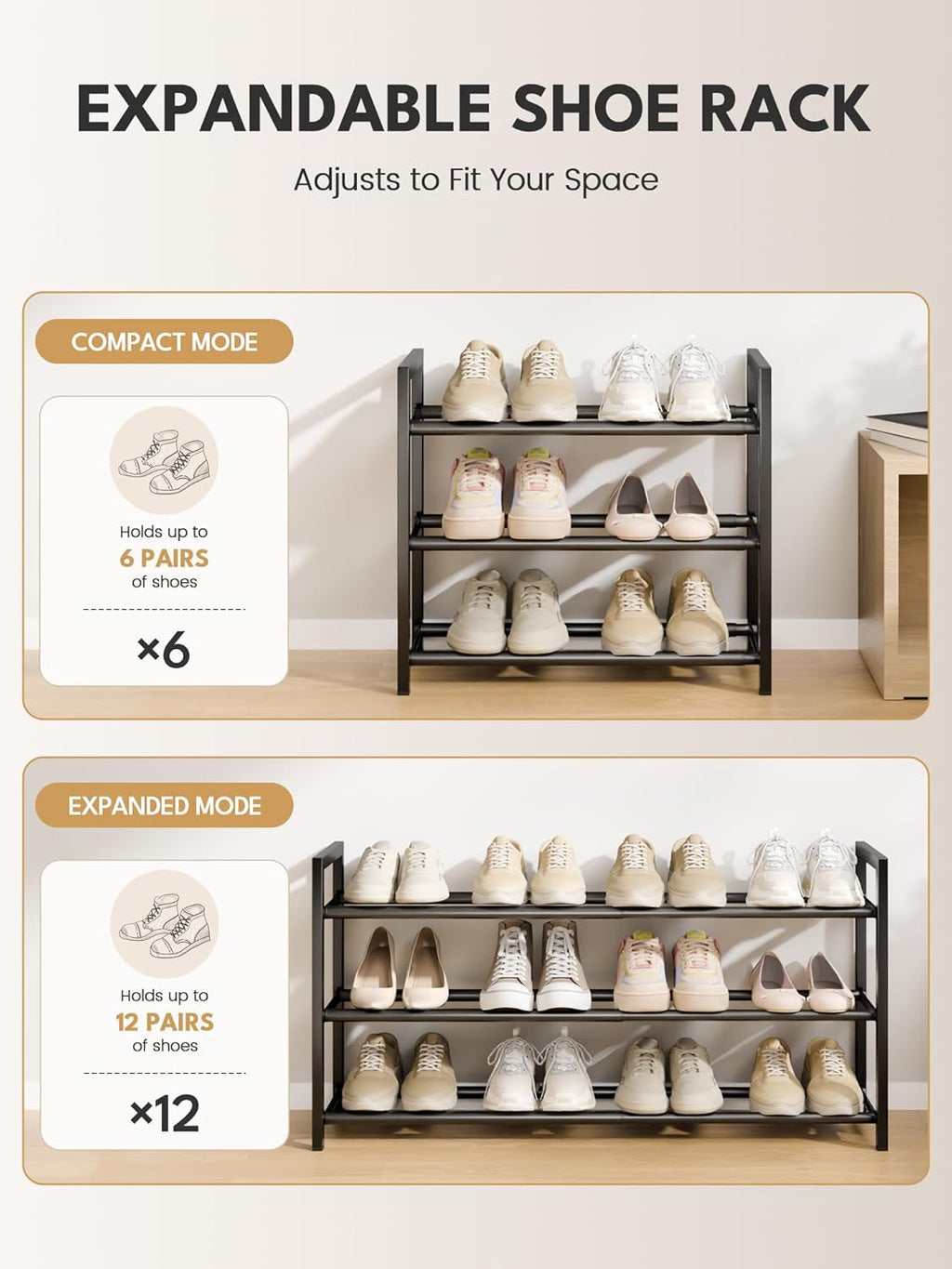 3-Tier Expandable Shoe Rack, Adjustable Shoe Organizer Shelf for Wardrobe, Metal Free Standing Shoe Rack Storage for Small Space, Hallway, Black
