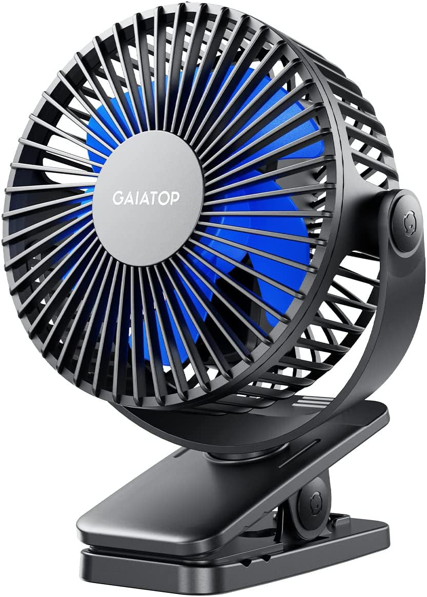 Portable Clip on Fan Battery Operated, Small Powerful USB Desk Fan, 3 Speed Quiet Rechargeable Mini Table Fan, 360° Rotate Personal Cooling Fan for Home Office Stroller Camping Black Blue