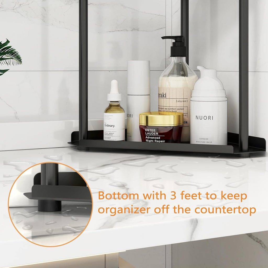 2 Tier Bathroom Corner Shelf Counter Organizer, Metal Vanity Trays Skincare Makeup Organiser Shelf Countertop Storage Rack Stand for Bathroom Dresser Kitchen Bedroom, Black
