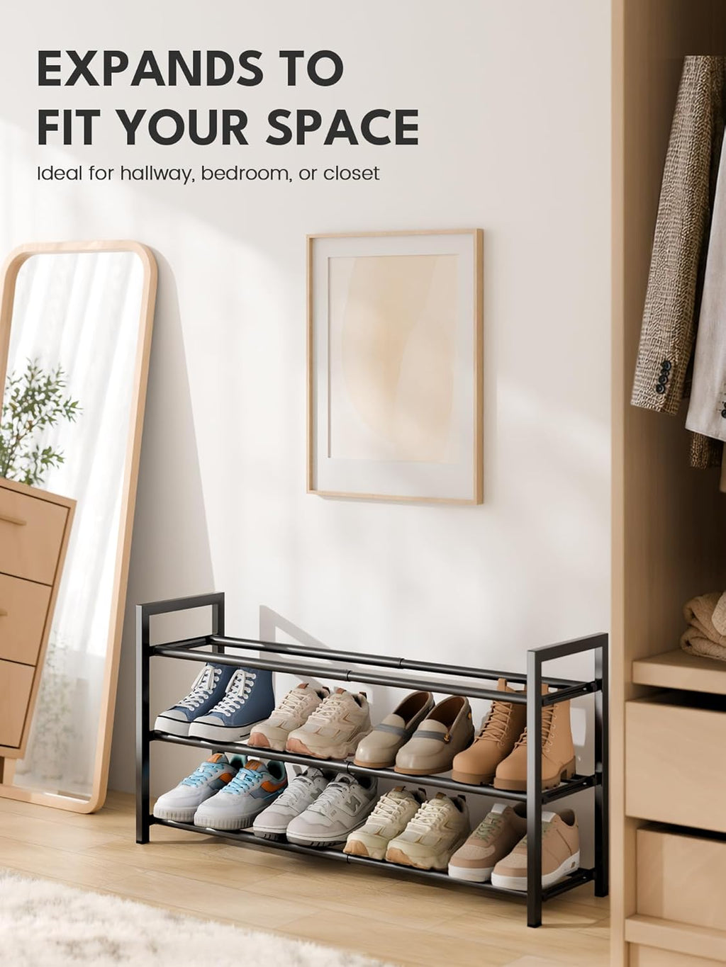 3-Tier Expandable Shoe Rack, Adjustable Shoe Organizer Shelf for Wardrobe, Metal Free Standing Shoe Rack Storage for Small Space, Hallway, Black
