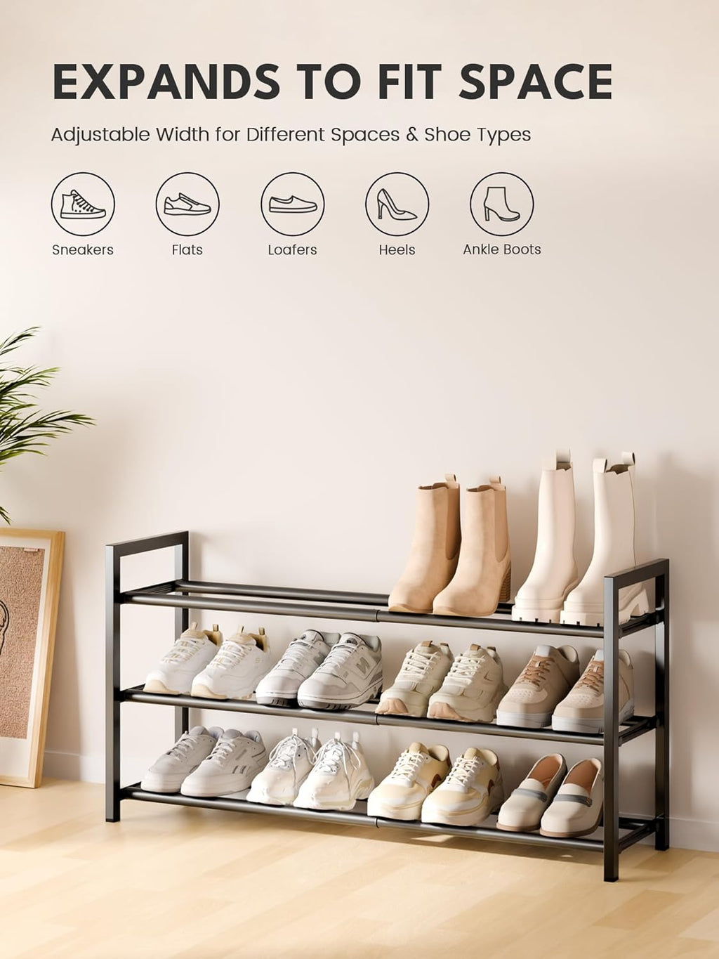 3-Tier Expandable Shoe Rack, Adjustable Shoe Organizer Shelf for Wardrobe, Metal Free Standing Shoe Rack Storage for Small Space, Hallway, Black