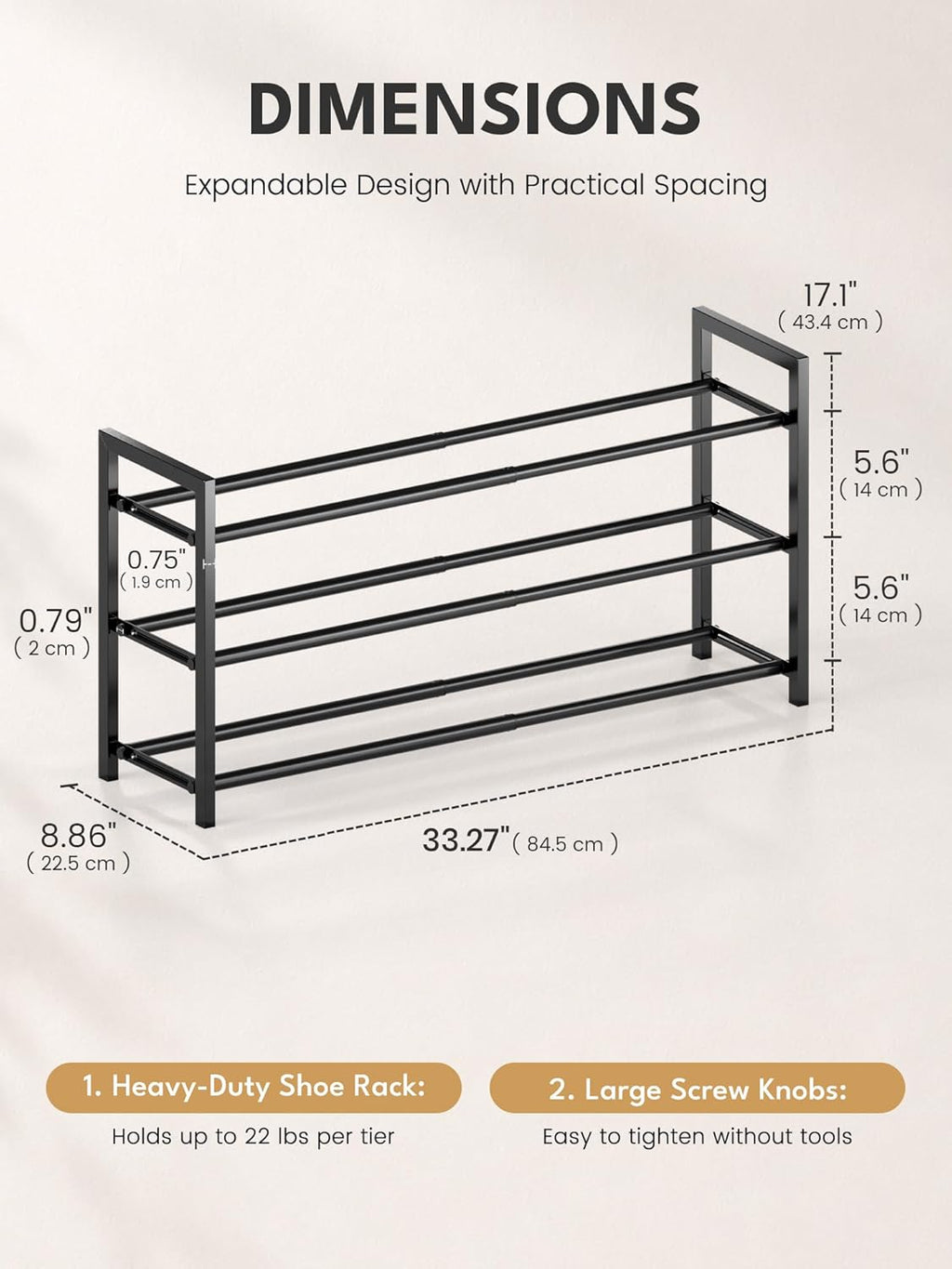 3-Tier Expandable Shoe Rack, Adjustable Shoe Organizer Shelf for Wardrobe, Metal Free Standing Shoe Rack Storage for Small Space, Hallway, Black