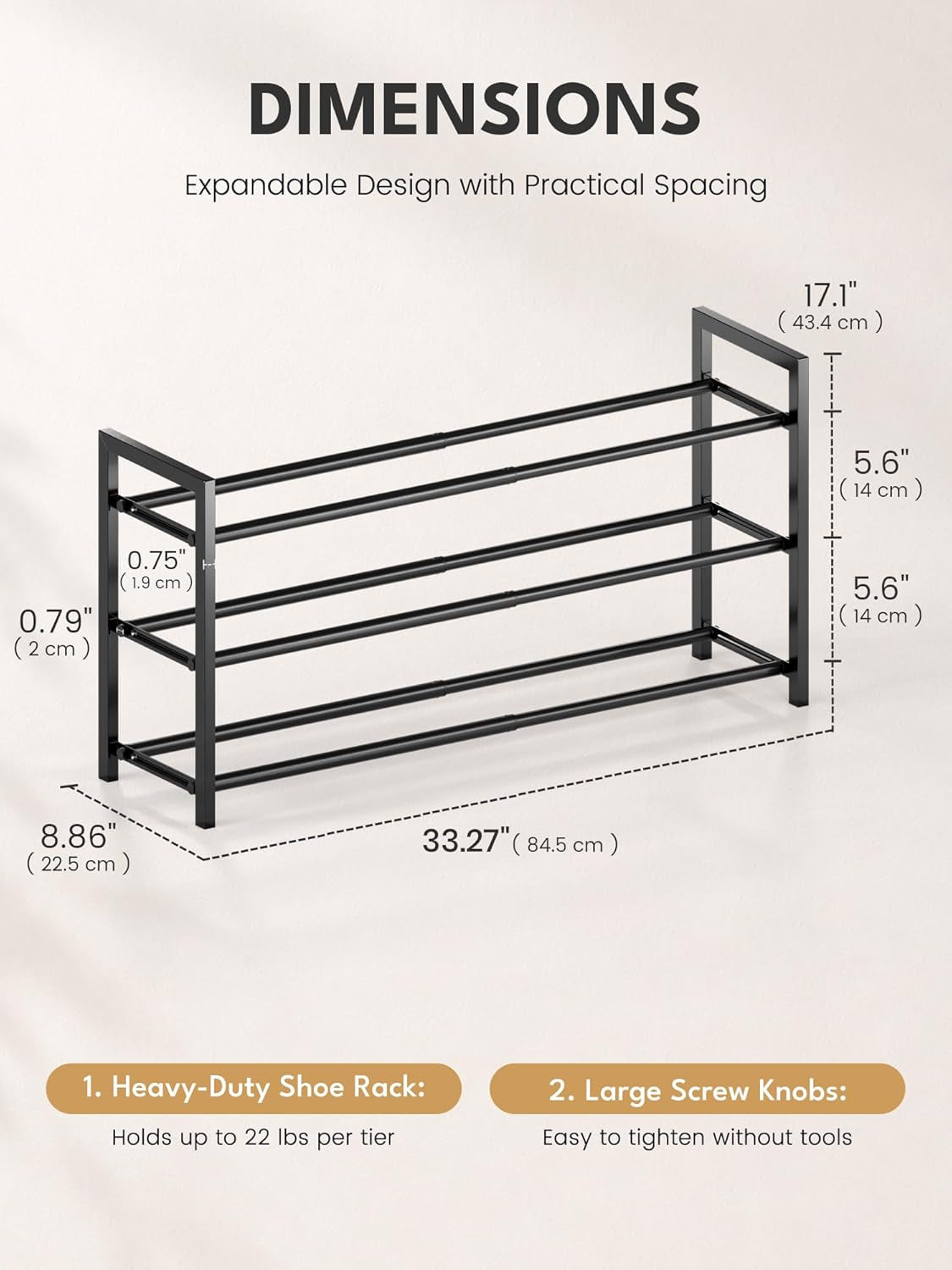 3-Tier Expandable Shoe Rack, Adjustable Shoe Organizer Shelf for Wardrobe, Metal Free Standing Shoe Rack Storage for Small Space, Hallway, Black