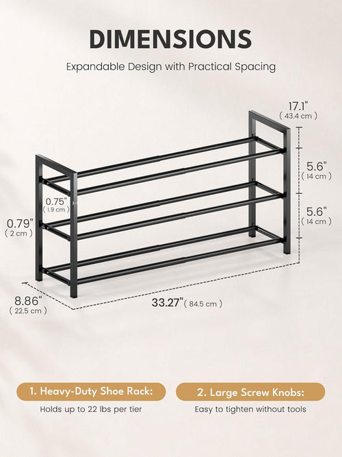 3-Tier Expandable Shoe Rack, Adjustable Shoe Organizer Shelf for Wardrobe, Metal Free Standing Shoe Rack Storage for Small Space, Hallway, Black