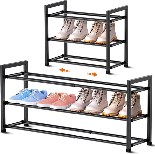 3-Tier Expandable Shoe Rack, Adjustable Shoe Organizer Shelf for Wardrobe, Metal Free Standing Shoe Rack Storage for Small Space, Hallway, Black