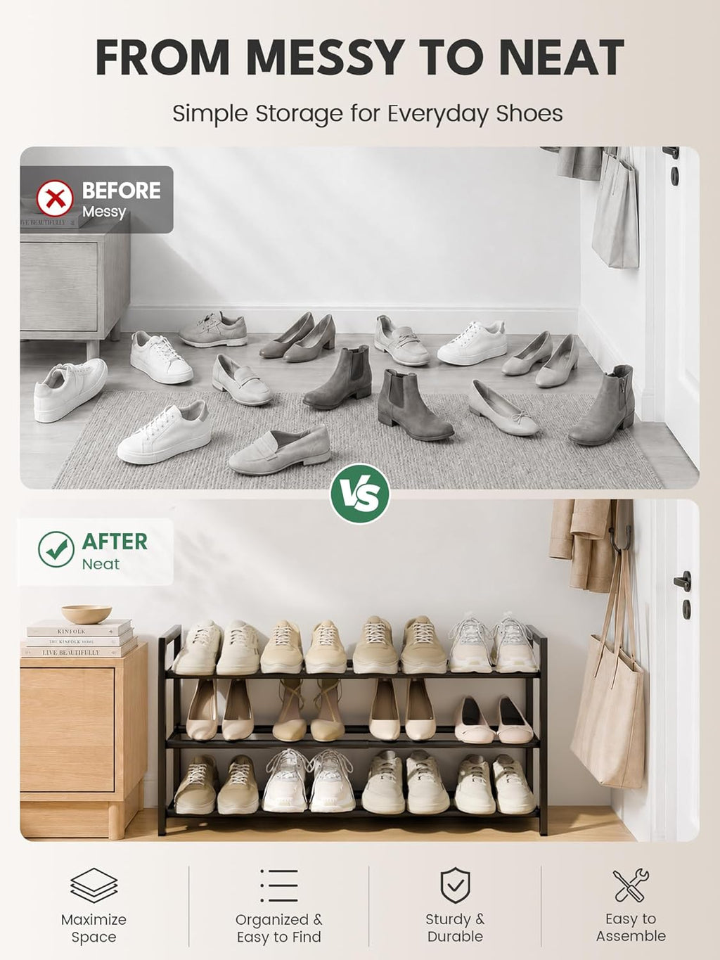 3-Tier Expandable Shoe Rack, Adjustable Shoe Organizer Shelf for Wardrobe, Metal Free Standing Shoe Rack Storage for Small Space, Hallway, Black