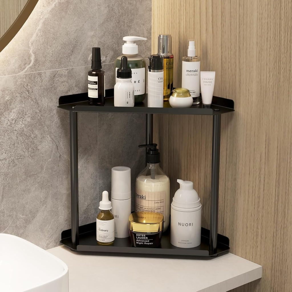 2 Tier Bathroom Corner Shelf Counter Organizer, Metal Vanity Trays Skincare Makeup Organiser Shelf Countertop Storage Rack Stand for Bathroom Dresser Kitchen Bedroom, Black